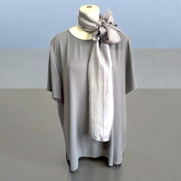 NWT EILEEN FISHER silk pewter short sleeve boxy tunic with silk scarf women’s XL - Picture 1 of 14
